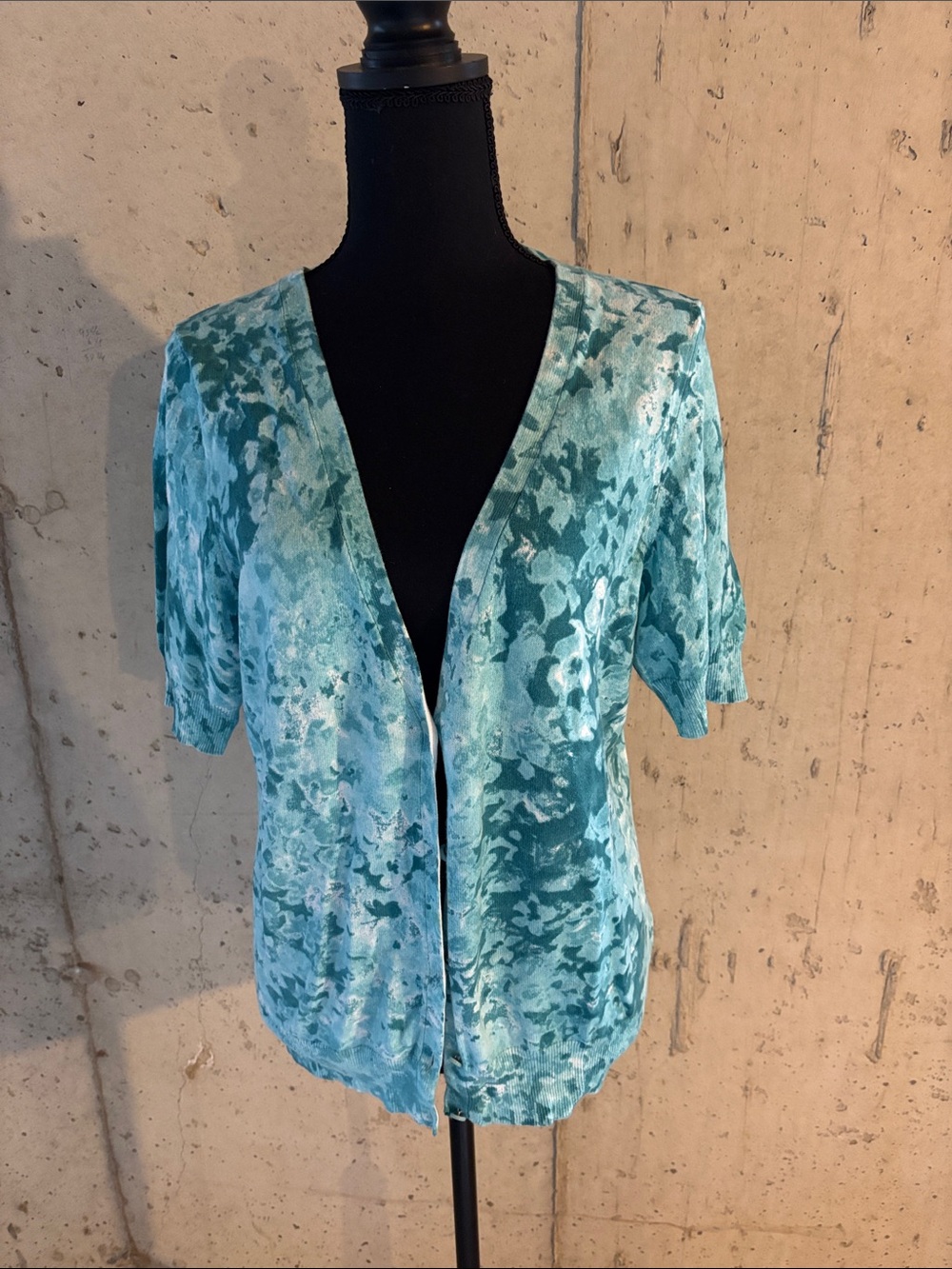 Talbots Teal Floral Short Sleeve Open Cardigan